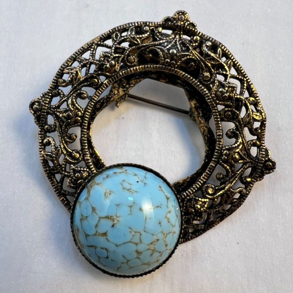 Vintage Gold-Tone Filigree Brooch with Faux Turquoise Cabochon